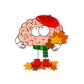Cute illustration of human brain in beret with autumn leaves. Oktober weather. Beautiful character for concept of human emotions.
